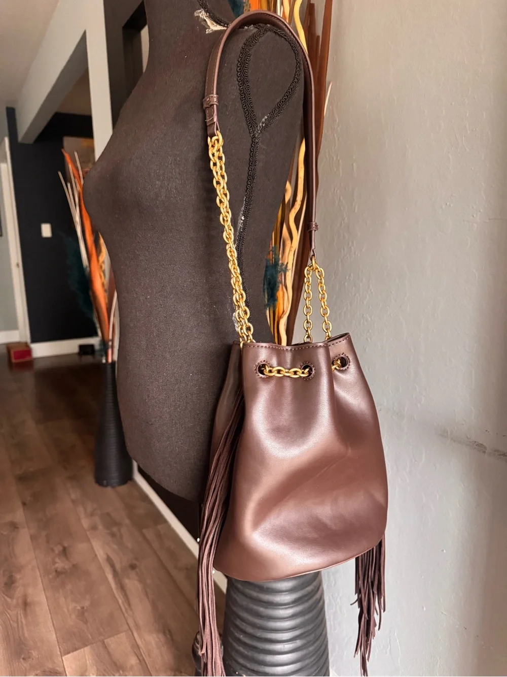 Zara Dark Brown Cow Leather Fringed Bucket Bag with Gold Chain Accents